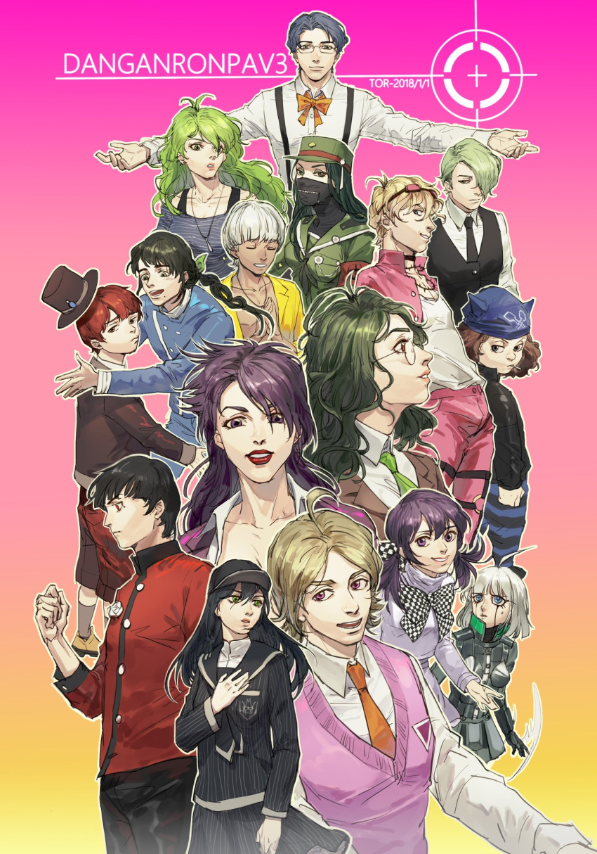 6+boys 6+girls :d ahoge akamatsu_kaede amami_rantaro antenna_hair barbed_wire baseball_cap black_choker black_headwear black_necktie black_pants black_sailor_collar black_vest blonde_hair blue_pants bow bowtie breasts brown_hair brown_jacket buttons chabashira_tenko checkered_bow checkered_bowtie checkered_clothes checkered_ribbon choker cigarette closed_mouth collarbone collared_shirt copyright_name danganronpa_(series) danganronpa_v3:_killing_harmony dated drill_hair everyone genderswap genderswap_(ftm) genderswap_(mtf) glasses goggles goggles_on_head gokuhara_gonta green_hair green_headwear green_jacket green_necktie grey_hair hair_ribbon harukawa_maki hat highres hoshi_ryoma iruma_miu jacket jewelry k1-b0 large_breasts long_hair long_sleeves looking_at_another looking_at_viewer looking_up mask medium_breasts medium_hair miniskirt mole mole_under_eye mole_under_mouth momota_kaito mouth_mask multiple_boys multiple_girls necklace necktie oma_kokichi open_clothes open_jacket orange_background orange_bow orange_bowtie orange_necktie outstretched_arms pants pink_background pink_eyes pink_jacket pink_pants pink_vest power_armor profile purple_eyes purple_hair red_hair red_jacket red_lips ribbon round_eyewear saihara_shuichi sailor_collar shinguji_korekiyo shirogane_tsumugi shirt short_hair skirt smile spiked_hat striped striped_jacket striped_pants striped_skirt suspenders sweater teeth tojo_kirumi top_hat torheb twintails vest white_shirt white_sweater yonaga_angie yumeno_himiko