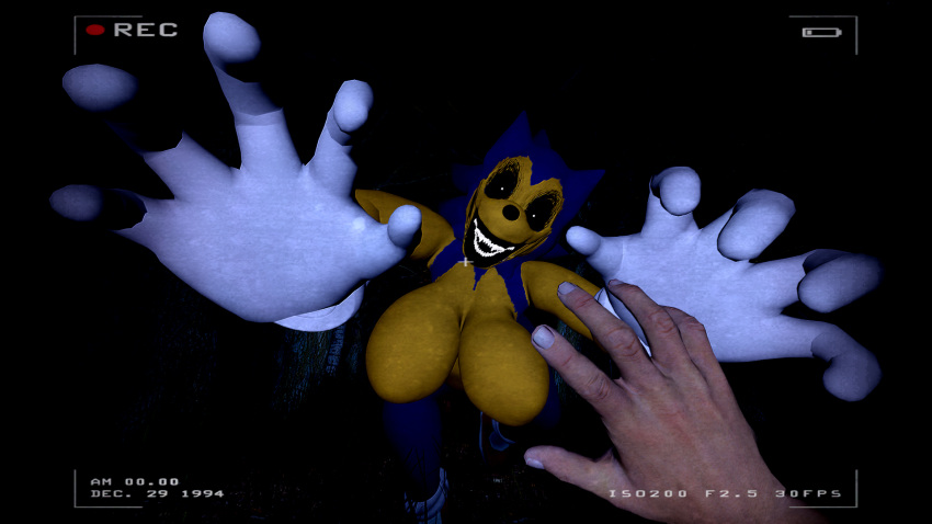 16:9 3d_(artwork) anthro armada_(artist) big_breasts black_eyes black_mouth blue_body blue_fur blue_hair bouncing_breasts breasts camera clothing creepy dark_forest darkness demon digital_media_(artwork) duo eulipotyphlan female first_person_view forest forest_background found_footage fur gloves hair handwear hedgehog hi_res human humanoid humanoid_hands male male/female mammal monster nature nature_background night plant pupils recording running running_towards_viewer scary sega sonic.exe sonic.exe_(creepypasta) sonic_the_hedgehog sonic_the_hedgehog_(series) tan_body teeth teeth_showing tree video_camera white_clothing white_gloves white_handwear white_pupils widescreen