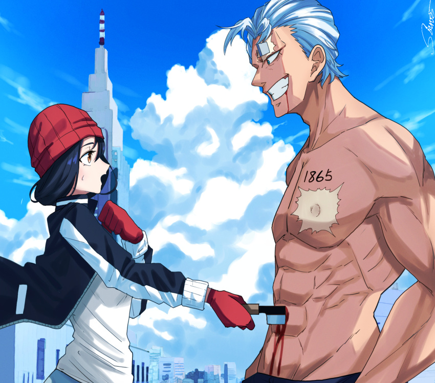 1boy 1girl abs andy_(undead_unluck) black_hair black_jacket bleeding blood blue_hair brown_eyes day eye_contact highres holding holding_knife izumo_fuuko jacket knife looking_at_another medium_hair muscular muscular_male outdoors pectorals red_headwear scar scar_on_face scar_on_forehead shirt shishiruto short_hair skullcap smile stab sweatdrop topless_male undead_unluck weapon white_shirt wind