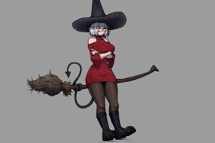 1girl alternate_costume black_footwear black_nails crossed_arms demon demon_girl demon_tail grey_background grumpy hat helltaker highres malina_(helltaker) mop pantyhose red_eyes red_sweater sweater tail tail_wrap vosmon white_hair witch witch_hat