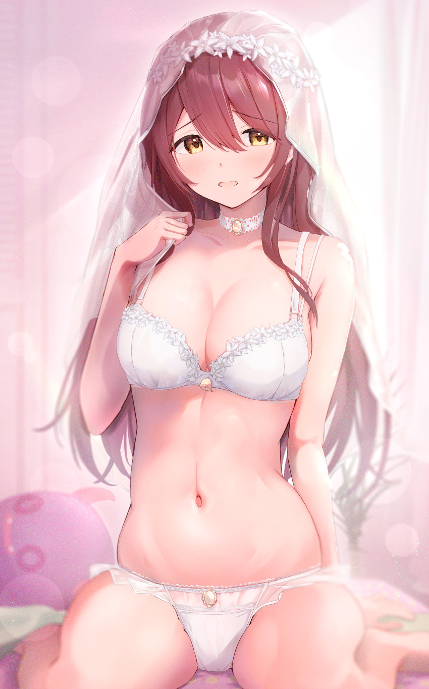 1girl absurdres blush bra breasts bridal_veil brown_hair choker cleavage collarbone debi_tarou fujinomiya_rio highres holding_veil idolmaster idolmaster_shiny_colors indoors large_breasts linea_alba long_hair looking_at_viewer navel osaki_tenka panties sitting solo straight_hair underwear underwear_only veil very_long_hair wariza white_bra white_choker white_panties yellow_eyes