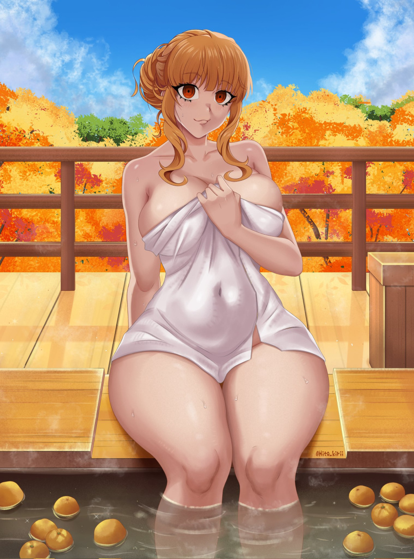 1girl :3 artist_name autumn bare_shoulders blue_sky breasts brown_eyes brown_hair commission covered_navel covering covering_breasts day english_commentary fence food fruit highres hito_kirii holding holding_towel idolmaster idolmaster_cinderella_girls idolmaster_cinderella_girls_starlight_stage knees large_breasts long_hair looking_at_viewer moroboshi_kirari naked_towel nude_cover onsen sidelocks signature sitting sky steam thick_thighs thighs towel tree twitter_username water wet white_towel wide_hips wooden_fence yuzu_(fruit) yuzu_bath