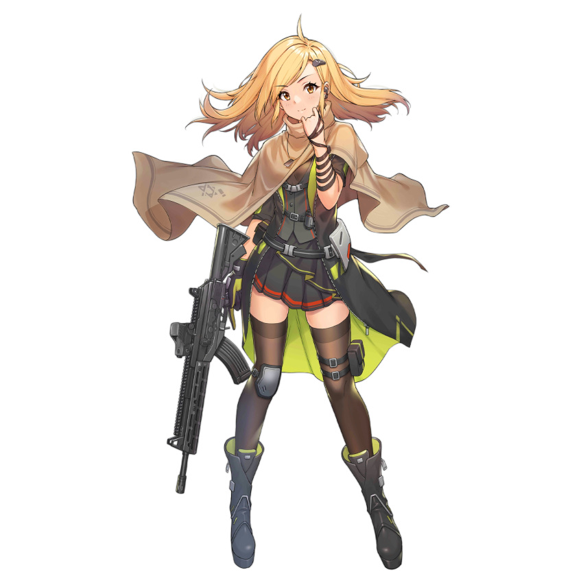 1girl ahoge arm_ribbon assault_rifle black_bag black_footwear black_jacket black_ribbon black_skirt blonde_hair breasts brown_eyes brown_shirt brown_thighhighs capelet closed_mouth colored_shoe_interior crazyodin dog_tags earpiece full_body galil_(girls'_frontline) girls'_frontline gloves grey_vest gun hair_ornament hexagram highres holding holding_gun holding_weapon imi_galil jacket knee_pads long_hair looking_at_viewer military military_uniform mod3_(girls'_frontline) official_art pleated_skirt pouch ribbon rifle shirt short_sleeves simple_background single_glove single_knee_pad skindentation skirt smile solo standing thigh_pouch thighhighs transparent_background trigger_discipline uniform vest weapon