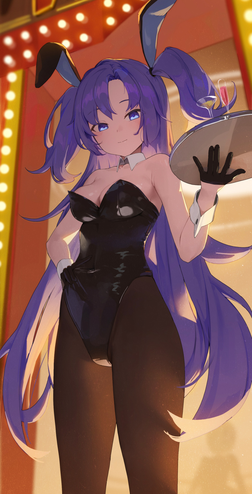 1girl absurdres animal_ears black_gloves black_leotard black_pantyhose blue_archive blush breasts closed_mouth cocktail cocktail_glass cup detached_collar drinking_glass fake_animal_ears gloves goowonjoon highres holding holding_tray leotard long_hair looking_at_viewer medium_breasts pantyhose purple_eyes purple_hair solo tray two_side_up yuuka_(blue_archive)