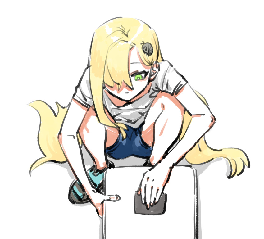 1girl asymmetrical_bangs blue_shorts closed_mouth commentary_request green_eyes highres insect_hair_ornament long_hair matangom matangomu-chan original pillbug rug sandpaper shirt shoes short_sleeves shorts sneakers solo squatting white_background white_shirt