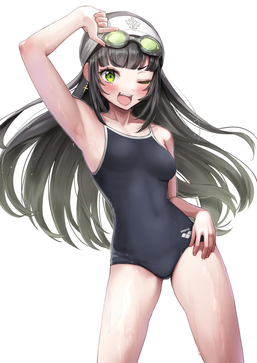 1girl absurdres armpits black_hair black_one-piece_swimsuit blush breasts collarbone competition_school_swimsuit covered_navel cross cross_earrings dangle_earrings earrings eyelashes fang goggles goggles_on_head green_eyes habit highres hirado_motoe jewelry long_hair medium_breasts one-piece_swimsuit one_eye_closed onsen_musume open_mouth sahara1127 school_swimsuit simple_background solo swimsuit teeth upper_teeth_only white_background