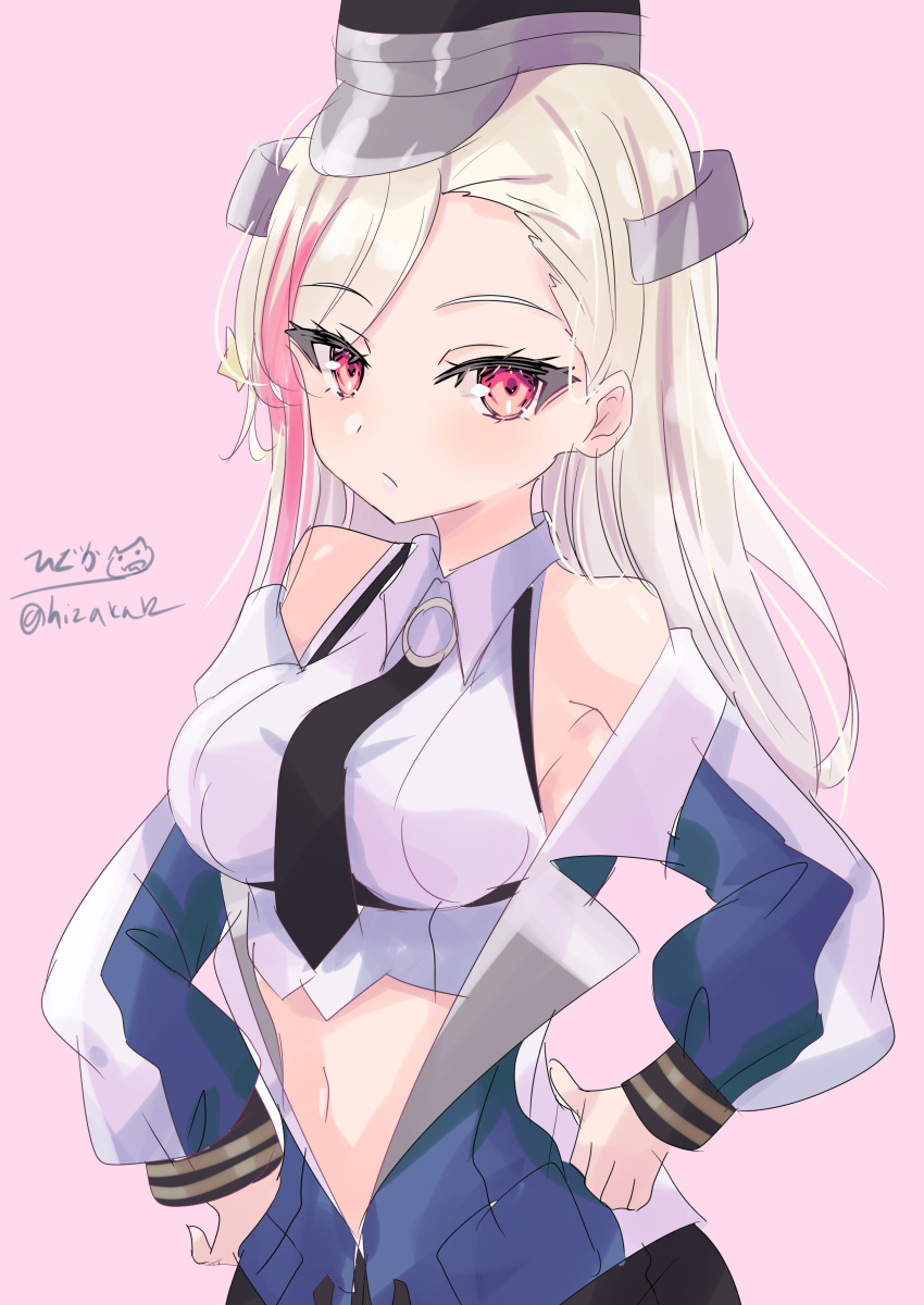 1girl absurdres black_necktie blonde_hair blue_jacket breasts collared_shirt dress_shirt hands_on_own_hips hat highres hizaka jacket kantai_collection large_breasts long_hair massachusetts_(kancolle) military_uniform multicolored_hair necktie off_shoulder one-hour_drawing_challenge red_eyes red_hair shirt sleeveless sleeveless_shirt solo streaked_hair uniform upper_body white_shirt