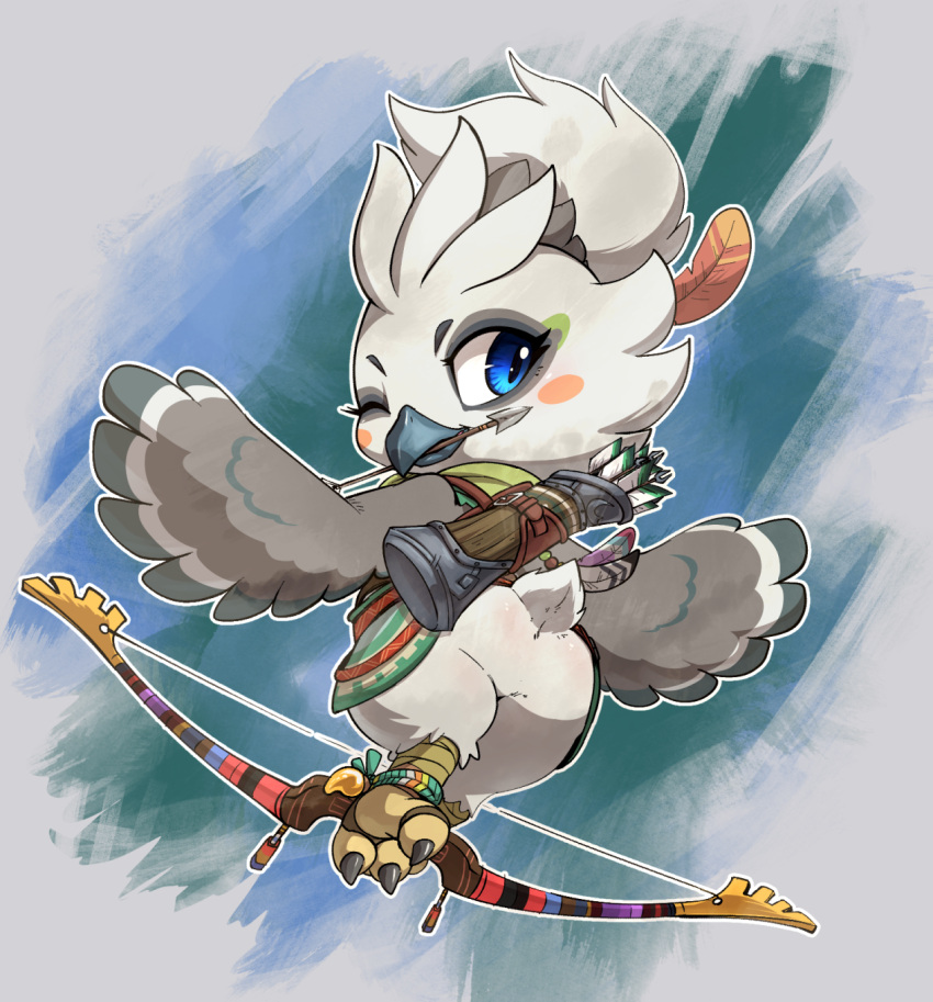 1boy arrow_(projectile) arrow_in_mouth beak bird bird_tail blue_eyes blush_stickers bow_(weapon) eyelashes feathers furry furry_male green_tunic grey_feathers highres holding holding_bow_(weapon) holding_weapon holding_with_feet lkiws looking_back male_focus mouth_hold no_humans one_eye_closed quiver solo tail the_legend_of_zelda the_legend_of_zelda:_tears_of_the_kingdom tulin_(zelda) updo weapon white_feathers wings