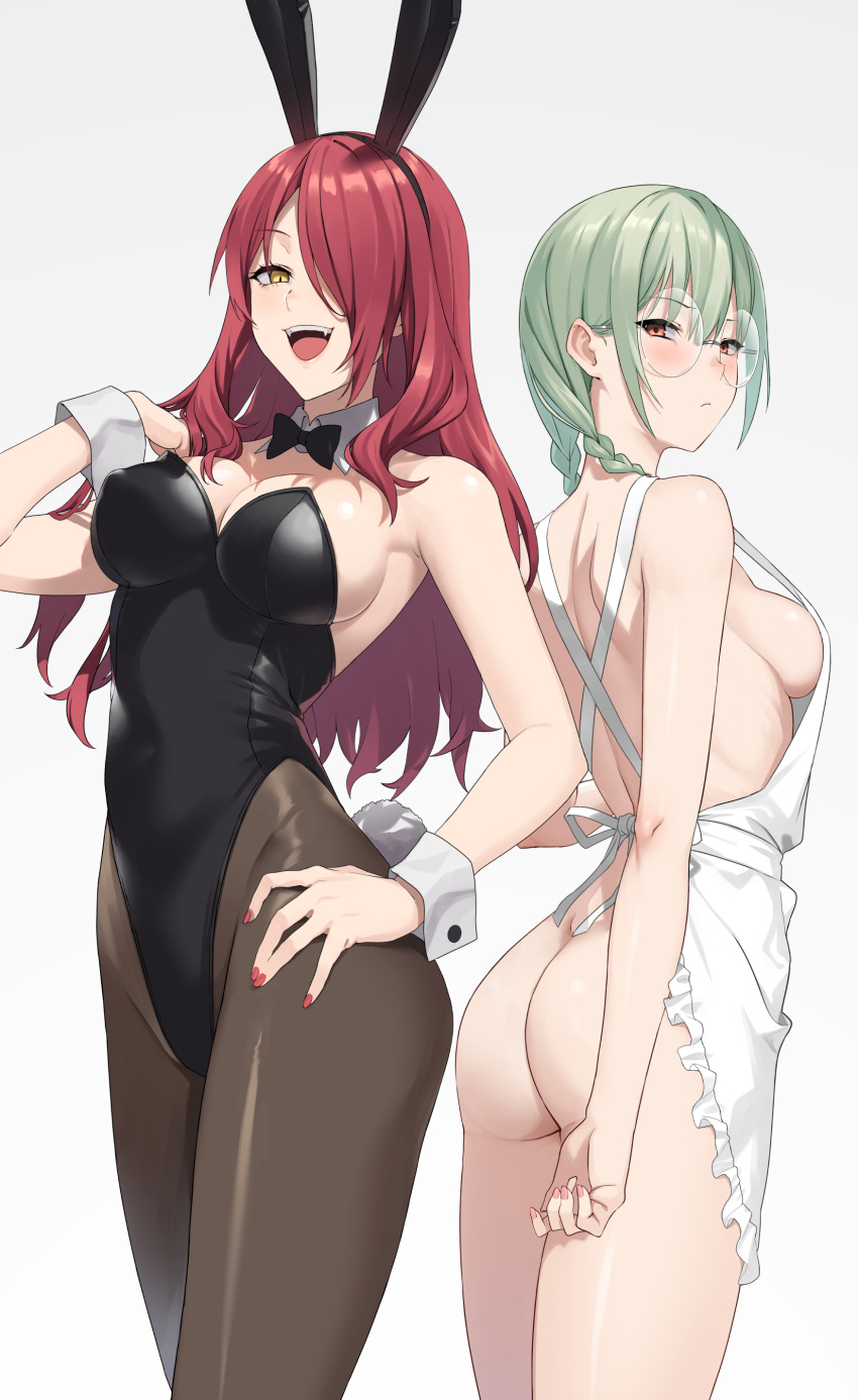 2girls absurdres animal_ears apron ass back bare_shoulders black_leotard blush bow bowtie braid breasts brown_pantyhose cleavage covered_navel detached_collar fake_animal_ears glasses green_hair hair_over_one_eye highleg highleg_leotard highres kinokuni_nene kobayashi_rindou large_breasts leotard long_hair looking_at_viewer looking_back low_twin_braids medium_breasts multiple_girls naked_apron open_mouth pantyhose playboy_bunny prime rabbit_ears rabbit_tail red_eyes red_hair round_eyewear shokugeki_no_souma short_hair sideboob smile tail thighs twin_braids white_apron wrist_cuffs yellow_eyes