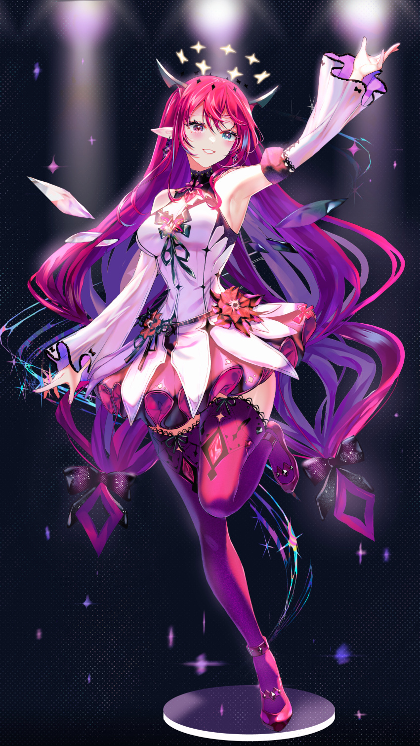 1girl absurdres armpits blush breasts detached_sleeves dress earrings hair_between_eyes hand_up heterochromia highres hololive hololive_english horns irys_(hololive) jewelry large_breasts leg_lift long_hair looking_to_the_side multicolored_hair pink_hair pointy_ears purple_hair shoes skirt smile sowon standing standing_on_one_leg teeth thighhighs very_long_hair virtual_youtuber waving wavy_hair wide_hips wide_sleeves zettai_ryouiki