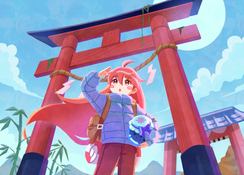 1girl ahoge arm_up backpack bag blue_coat blue_sky blush_stickers celeste_(video_game) cloud coat day fuwamoko_momen_toufu highres long_hair looking_away madeline_(celeste) outdoors parted_lips red_eyes red_hair sky solo torii