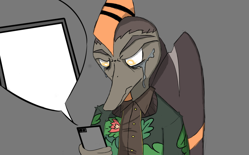 2023 8k absurd_res anthro bodily_fluids brown_body brown_hair brown_scales clothing digital_drawing_(artwork) digital_media_(artwork) dinosaur dress_shirt fingers goodbye_volcano_high grey_background hair head_crest hi_res jacket male naser_(gvh) phone pterodactylus pterosaur reptile scales scalie scar shirt short_hair simple_background snoot_game_(fan_game) snout solo tears topwear translucent unknown_artist wings yellow_eyes