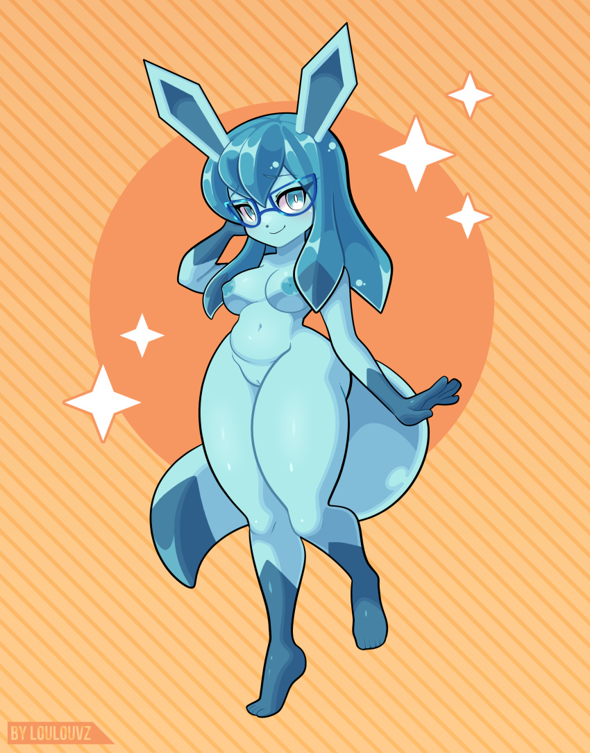 absurd_res anthro big_breasts blue_body blue_eyes blush breasts canid canine digital_media_(artwork) eeveelution eyewear female fur generation_4_pokemon genitals glaceon hair hi_res looking_at_viewer loulouvz mammal neelu_(sin_cyan06) nintendo nipples nude pokemon pokemon_(species) pussy simple_background sin_cyan06 sin_teal smile solo