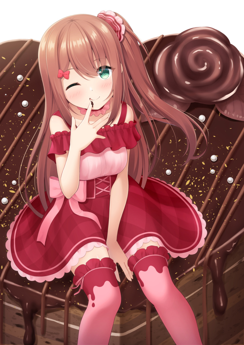 1girl 7fuji_06 between_legs blue_eyes blush bow brown_hair cake chocolate chocolate_on_hand collar detached_collar dress flower flower-shaped_chocolate food food_on_hand frilled_collar frilled_thighhighs frills hair_bow hair_ornament hair_scrunchie hand_between_legs hand_to_own_mouth highres long_hair looking_at_viewer on_food one_eye_closed one_side_up original plaid plaid_dress rose scrunchie sitting sitting_on_food smile solo thighhighs underbust valentine very_long_hair