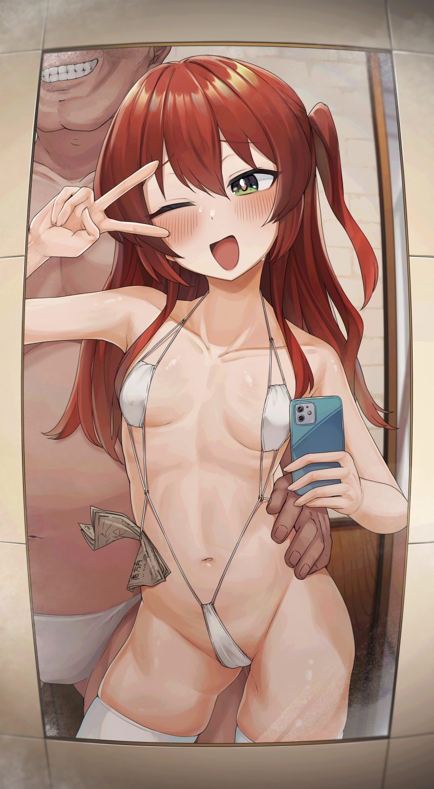 1boy 1girl ;d absurdres blush bocchi_the_rock! breasts cellphone collarbone green_eyes hair_between_eyes hetero highres holding holding_phone kita_ikuyo long_hair looking_at_mirror male_underwear mirror money navel one_eye_closed one_side_up open_mouth phone prostitution r-man red_hair slingshot_swimsuit small_breasts smartphone smile solo_focus standing sweat swimsuit teeth thighhighs tile_wall tiles topless_male underwear v white_male_underwear white_slingshot_swimsuit white_thighhighs