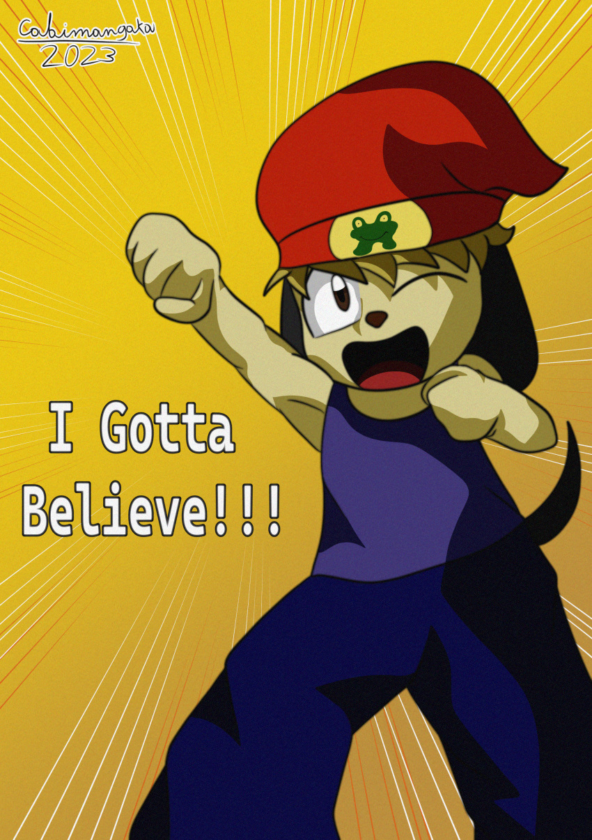 absurd_res anthro baggy_pants black_ears black_tail blue_clothing brown_eyes brown_nose cabimangaka canid canine canis clothing domestic_dog english_text fur hat headgear headwear hi_res male mammal parappa parappa_the_rapper playstation red_clothing red_hat red_headwear shirt signature simple_background solo sony_corporation sony_interactive_entertainment tail tank_top text topwear yellow_background yellow_body yellow_fur