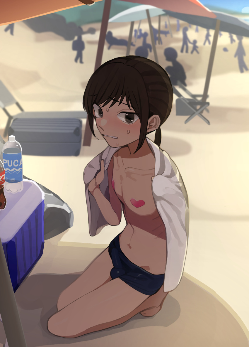 absurdres beach_umbrella blush bottle brown_hair bulge collarbone cooler day full_body hands_up highres holding holding_towel initsukkii kneeling long_hair looking_at_viewer male_focus navel on_ground original otoko_no_ko outdoors pasties ponytail shadow sidelocks solo_focus sweatdrop swept_bangs thighs towel umbrella water_bottle