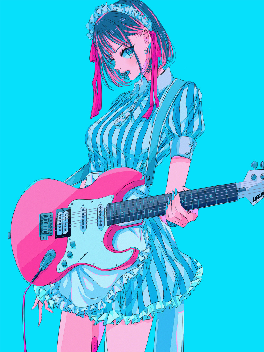 1girl bandaid bandaid_on_leg black_hair blue_background blue_dress blue_eyes blue_nails collared_dress dress earrings electric_guitar fender_stratocaster fingernails frilled_dress frills guitar hair_ribbon highres holding holding_instrument hoop_earrings instrument jewelry long_fingernails looking_at_viewer maid_headdress mouth_hold multicolored_hair nail_polish najuco_(naju0517) original pink_hair plectrum plectrum_in_mouth puffy_short_sleeves puffy_sleeves ribbon short_hair short_sleeves sidelocks simple_background solo streaked_hair striped striped_dress two-tone_hair vertical-striped_dress vertical_stripes white_dress