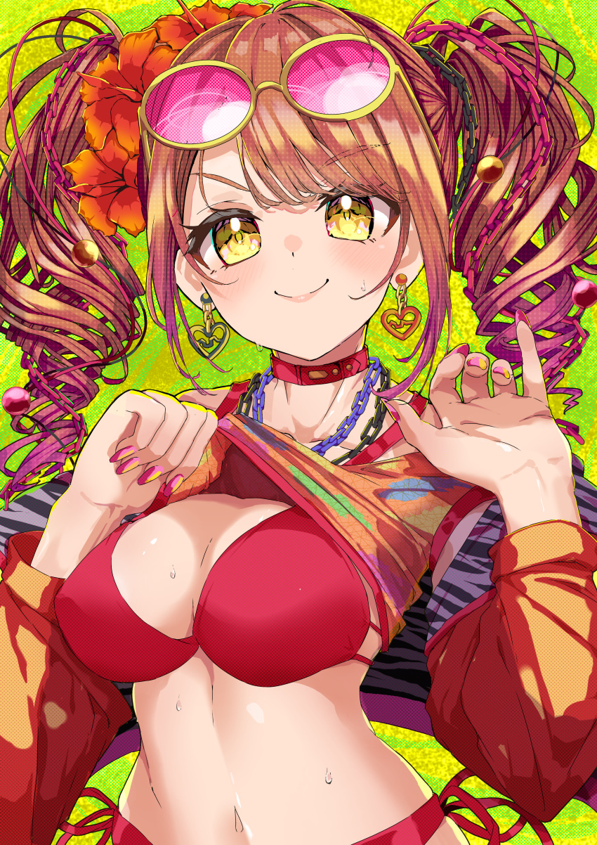 1girl absurdres bikini breasts closed_mouth clothes_lift collar d4dj drill_hair dyna_(d4) eyewear_on_head flower hair_flower hair_ornament highres jacket large_breasts lifted_by_self long_hair long_sleeves looking_at_viewer navel red_bikini red_collar seto_rika shirt shirt_lift sleeveless sleeveless_shirt smile solo stomach sunglasses swimsuit twin_drills twintails upper_body yellow_eyes