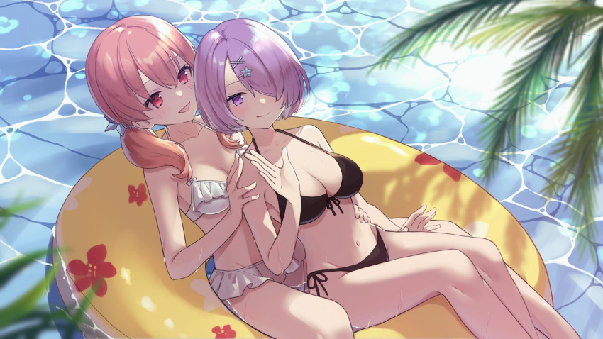 .live 2girls bikini black_bikini breasts hair_between_eyes hair_ornament hair_over_one_eye highres innertube kiso_azuki kitakami_futaba medium_breasts midriff multiple_girls navel open_mouth purple_eyes purple_hair red_eyes red_hair stomach swimsuit twintails water white_bikini yu_ri_0320