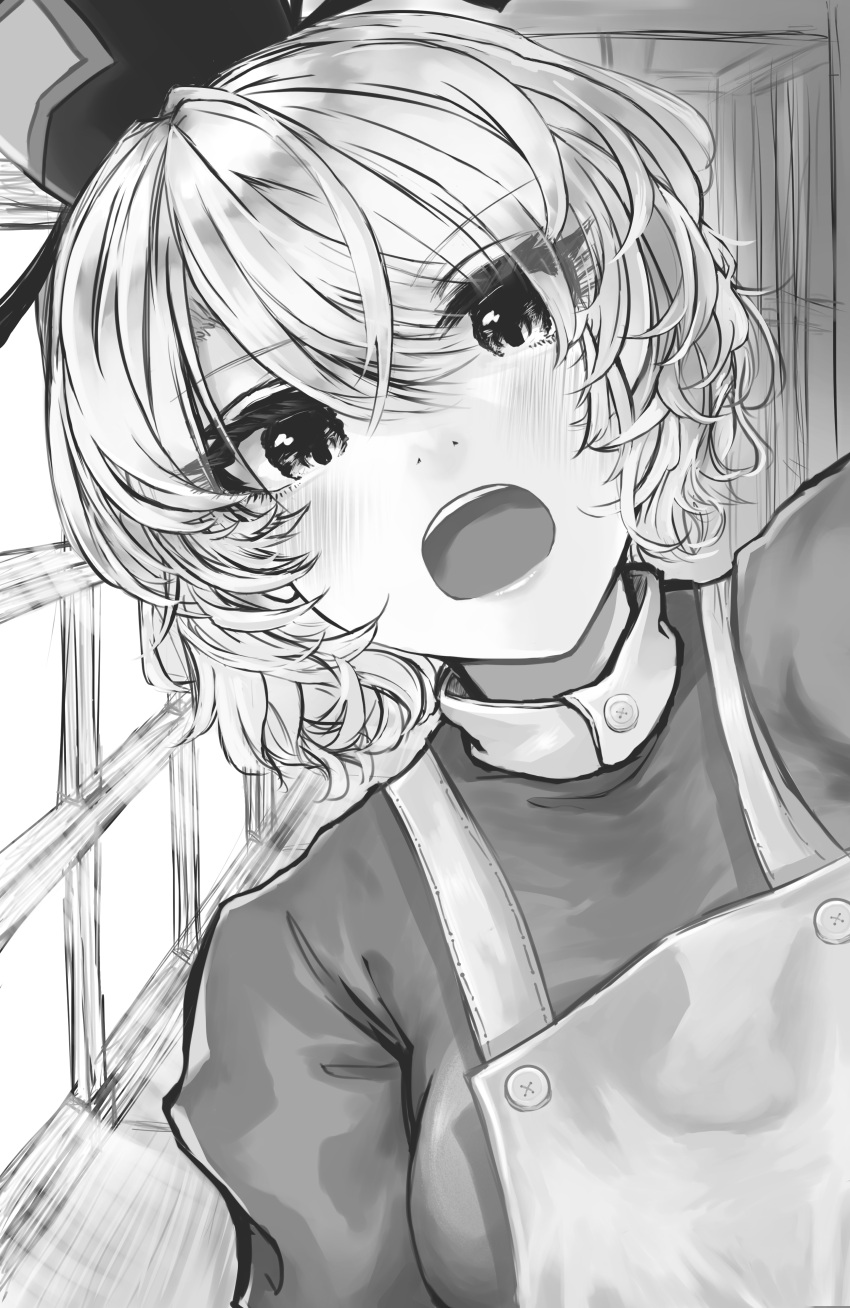 1girl absurdres apron commentary_request crossed_bangs greyscale hat highres looking_at_viewer monochrome open_mouth short_hair soga_no_tojiko solo takana_(forsterite) tate_eboshi touhou upper_body