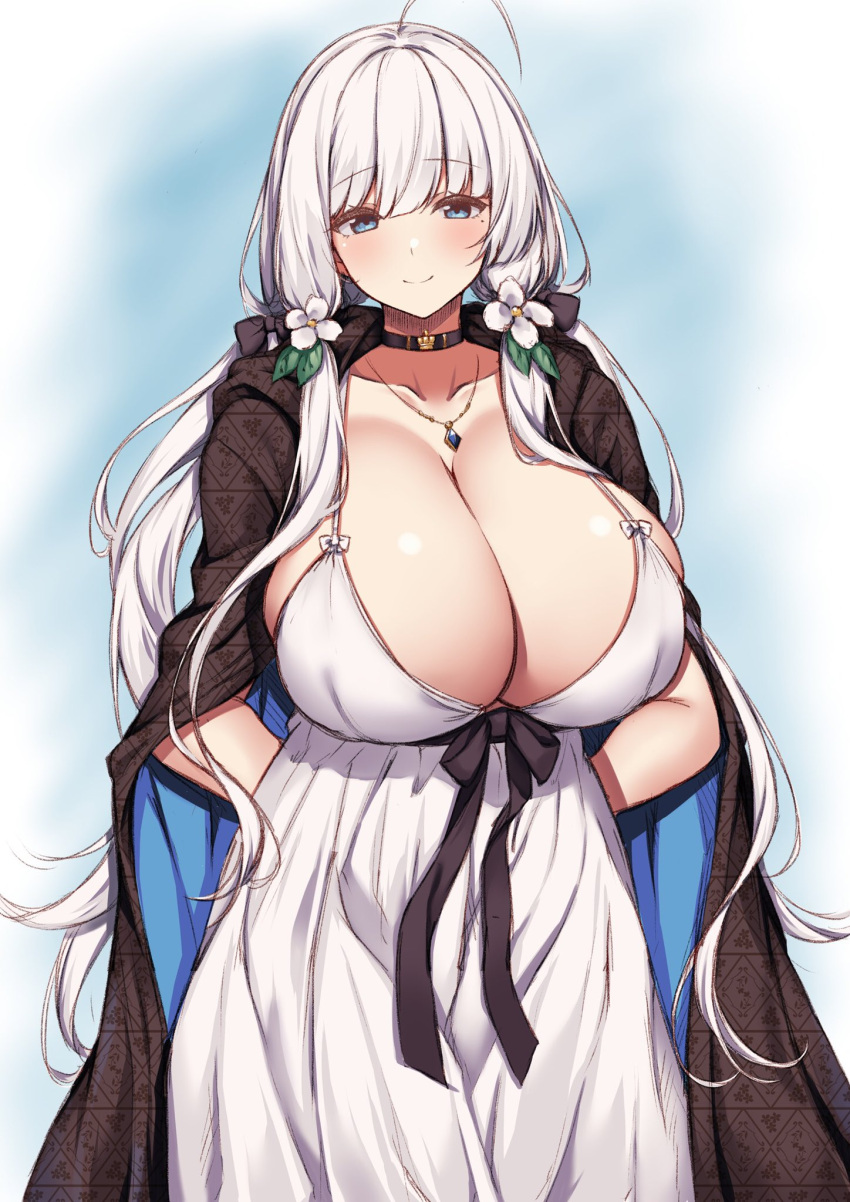 1girl ahoge arashiki_mamizu arms_behind_head azur_lane black_cape black_choker blue_eyes blush breasts cape choker cleavage closed_mouth commentary dress highres huge_breasts illustrious_(azur_lane) jewelry long_hair looking_at_viewer pendant smile solo white_dress white_hair