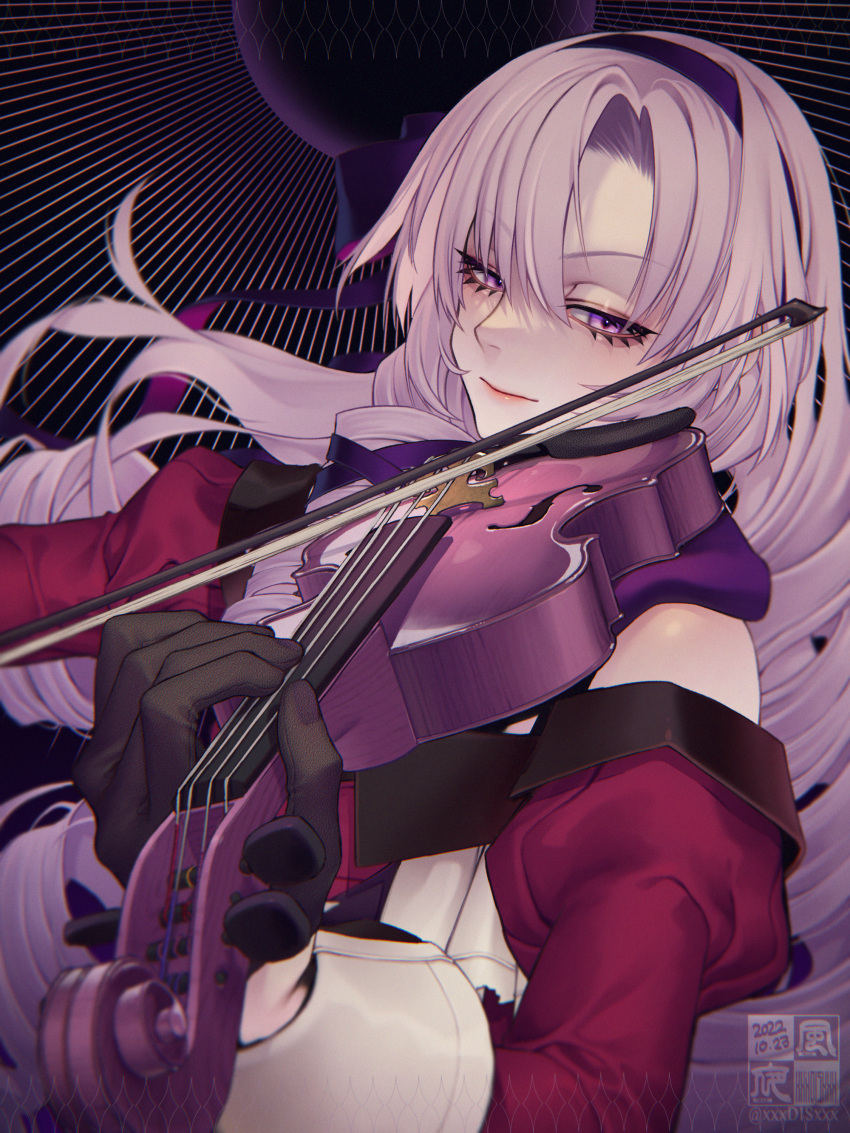 1girl absurdres bare_shoulders black_gloves closed_mouth dress drill_hair gloves hair_ribbon hairband highres hyakumantenbara_salome hyakumantenbara_salome_(1st_costume) instrument juliet_sleeves light_purple_hair lips long_hair long_sleeves looking_at_viewer music nijisanji off-shoulder_dress off_shoulder parted_bangs playing_instrument puffy_sleeves purple_eyes purple_hairband purple_ribbon red_dress red_sleeves ribbon see-through_gloves smile solo twitter_username violin virtual_youtuber yokaze_(xxxdisxxx)