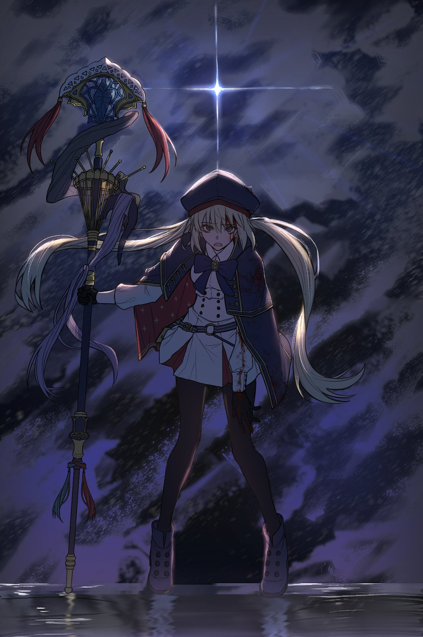 artoria_caster_(fate) artoria_caster_(second_ascension)_(fate) artoria_pendragon_(fate) beret black_pantyhose blonde_hair blood blood_on_clothes blood_on_face blue_bow blue_cloak blue_gloves blue_headwear boots bow breasts buttons cloak fate/grand_order fate_(series) gloves gold_trim green_eyes hat highres holding holding_staff long_hair long_sleeves m_ttl pantyhose purple_footwear shirt skirt sky small_breasts staff star_(sky) twintails white_shirt white_skirt