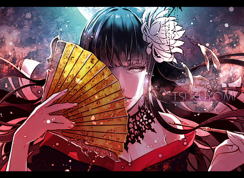 1girl abstract_background bare_shoulders black_collar black_hair black_kimono blunt_bangs blunt_ends collar commentary epiphyllum final_fantasy final_fantasy_xiv floating_hair flower folding_fan full_moon glowing hair_flower hair_ornament hand_fan highres holding holding_fan holding_smoking_pipe hyur japanese_clothes kimono kiseru lace_collar letterboxed long_hair looking_at_viewer mole mole_under_mouth moon off_shoulder one_eye_covered parted_lips portrait red_trim smoking_pipe solo straight-on white_eyes white_flower yataki yotsuyu_goe_brutus