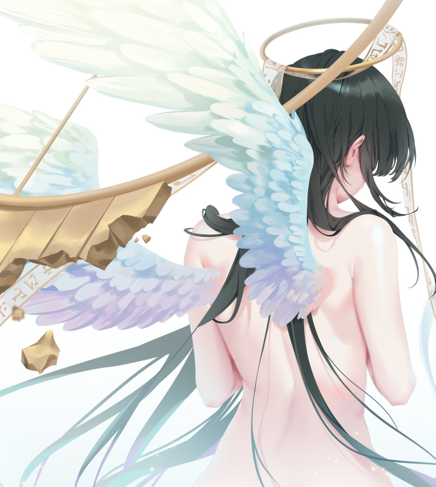 1girl absurdres azazel_(last_origin) black_hair completely_nude feathered_wings from_behind furrowed_brow halo highres last_origin long_hair nude simple_background solo teddyellow upper_body very_long_hair white_background white_wings wings
