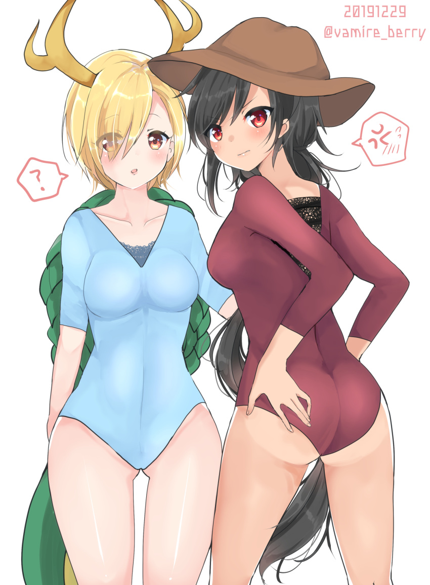 2girls antlers black_hair blonde_hair cowboy_hat dragon_girl dragon_horns dragon_tail hat highres horns kicchou_yachie kurokoma_saki multiple_girls one-piece_swimsuit ougi_hina red_eyes short_hair swimsuit tail touhou turtle_shell yellow_horns