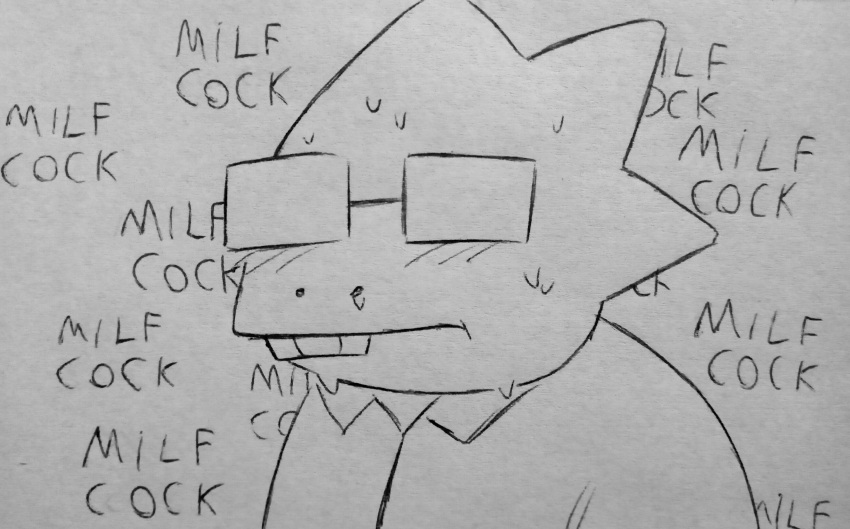 2023 absurd_res alphys anthro aroused blush bodily_fluids buckteeth deltarune eyewear female glasses hi_res monochrome perrox profanity reptile scalie solo sweat teeth traditional_media_(artwork) undertale undertale_(series)