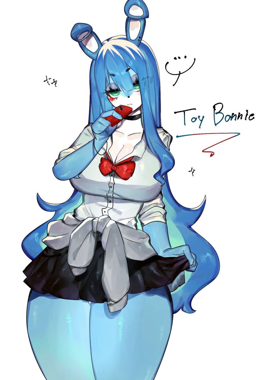anthro blue_body blue_eyes blue_hair breasts clothed clothing female five_nights_at_freddy's five_nights_at_freddy's_2 hair hi_res lagomorph leporid mammal rabbit scottgames simple_background solo togetoge toy_bonnie_(fnaf)
