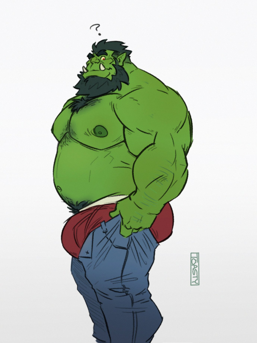 1boy ? ass ass_lift bara beard big_belly bulge bulge_lift chest_hair chest_tuft colored_skin denim dressing facial_hair fat fat_man feet_out_of_frame from_side green_skin highres i've_never_seen_a_guy_recreate_this_successfully_tbh_(meme) jeans large_areolae large_bulge large_pectorals long_beard looking_at_viewer male_focus male_underwear mature_male meme monster_boy muscular muscular_male navel navel_hair nipples open_pants orc original pants pants_lift pectorals pointy_ears red_male_underwear short_hair sideburns smile solo standing stomach thick_eyebrows toasty_buns topless_male tusks undersized_clothes underwear