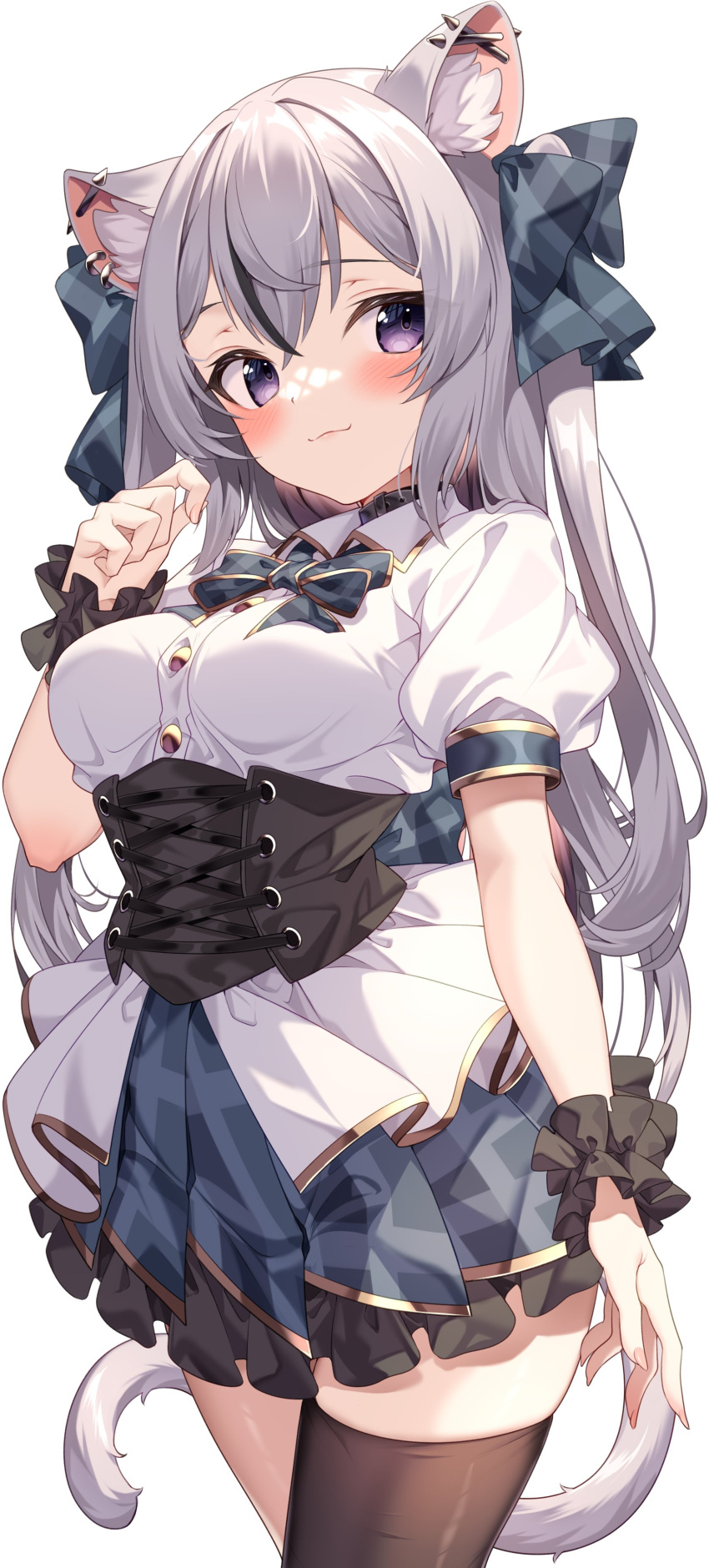 1girl absurdres animal_ear_fluff animal_ears black_collar black_thighhighs blue_skirt breasts cat_ears cat_girl cat_tail character_request collar copyright_request corset frilled_skirt frills grey_hair highres jun_(aousa0328) large_breasts long_hair looking_at_viewer miniskirt pleated_skirt puffy_short_sleeves puffy_sleeves purple_eyes shirt short_sleeves single_thighhigh skirt smile tail thighhighs two_side_up white_shirt wrist_cuffs