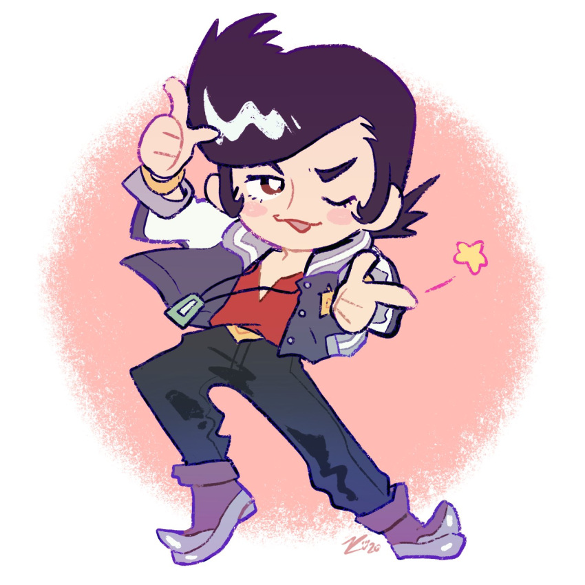 1boy belt black_hair black_pants blush_stickers bracelet chibi commentary commission dandy_(space_dandy) double_finger_gun english_commentary eyelashes finger_gun grey_jacket highres jacket jewelry kitchupsandwich long_sideburns male_focus name_tag one_eye_closed open_mouth pants pompadour purple_footwear red_shirt shirt short_hair sideburns solo space_dandy star_(symbol) v-neck white_background