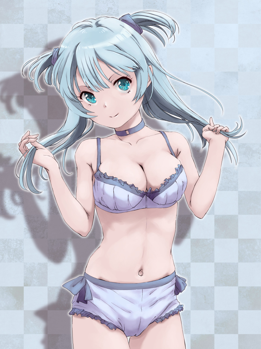 1girl aqua_eyes bare_arms blue_hair bra breasts checkered_background cleavage closed_mouth collarbone cowboy_shot floating_hair frilled_bra frilled_panties frills grey_background grey_bra grey_choker grey_panties hair_between_eyes highres holding holding_hair long_hair looking_at_viewer magia_record:_mahou_shoujo_madoka_magica_gaiden mahou_shoujo_madoka_magica marutaya medium_breasts minami_rena navel panties smile solo standing thigh_gap two_side_up underwear underwear_only