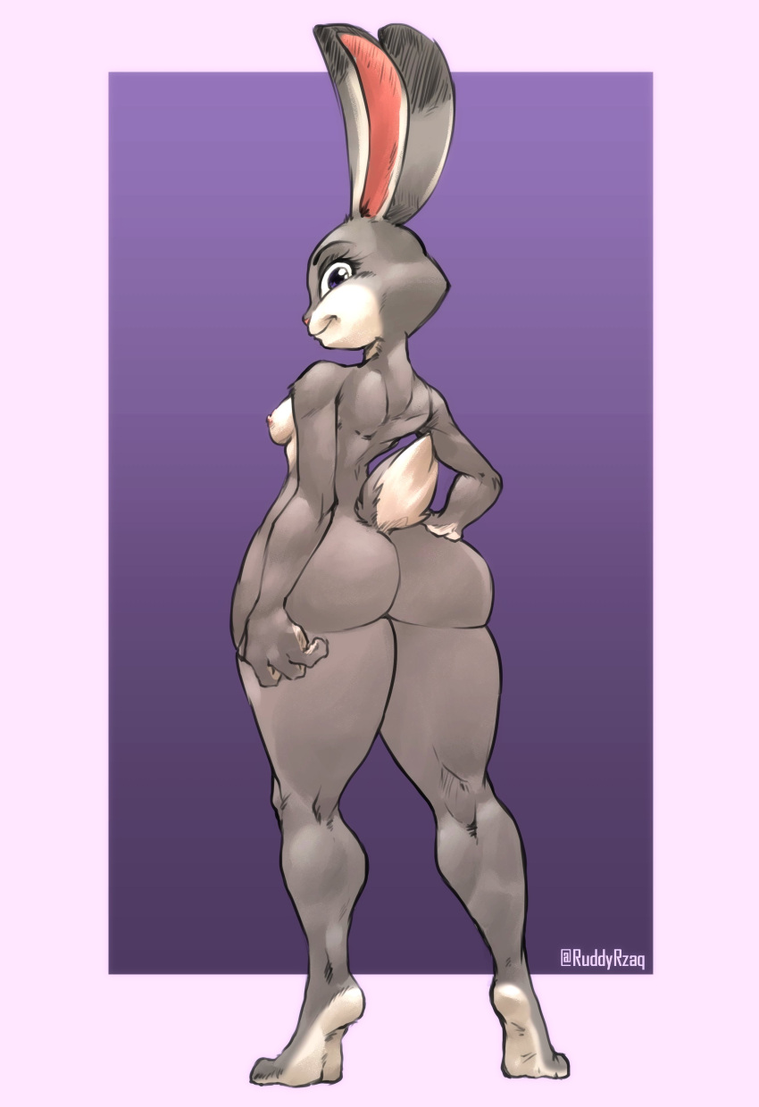 2023 4_fingers absurd_res anthro bedroom_eyes big_butt breasts butt countershade_feet countershading disney feet female fingers fur grey_body grey_eyes grey_fur hand_on_butt hi_res huge_butt judy_hopps lagomorph leporid long_ears looking_at_viewer looking_back mammal narrowed_eyes nipples nude paws pink_nipples purple_background rabbit rear_view ruddyrzaq seductive short_tail simple_background small_breasts smile soles solo standing tail thick_thighs watermark white_tail zootopia