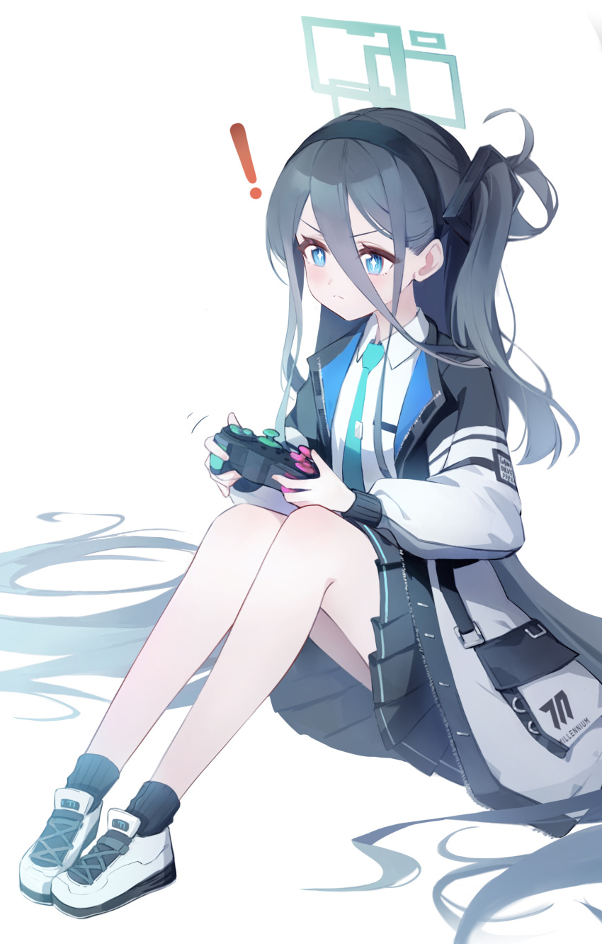 ! 1girl absurdres aqua_necktie aris_(blue_archive) bilibilida black_hair black_hairband black_jacket black_skirt blue_archive blue_eyes blue_halo collarbone controller game_controller hair_between_eyes hairband halo highres holding holding_controller holding_game_controller jacket legs long_hair long_sleeves multicolored_clothes multicolored_jacket necktie pleated_skirt shoes side_ponytail simple_background sitting skirt sneakers solo sparkling_eyes two-tone_jacket very_long_hair white_background white_footwear white_jacket