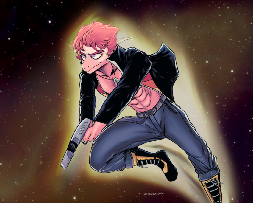 abs action_pose anthro belt boots bottomwear clothed clothing colored cosmic_background crossover deadassspider denim denim_clothing dinosaur dromaeosaurid footwear goodbye_volcano_high gun hair hi_res holding_gun holding_object holding_weapon jacket jeans knee_highs legwear male muscular muscular_anthro muscular_male open_clothing open_jacket open_topwear pants pendant pink_body pink_hair plantigrade pose purple_eyes ranged_weapon reed_(gvh) reptile scalie science_fiction shaded snoot_game_(fan_game) solo tailless theropod topwear velociraptor weapon