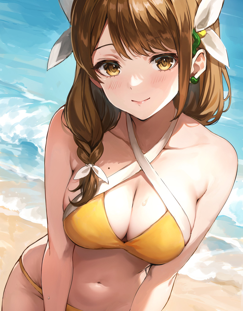 1girl absurdres armpit_crease beach bikini blush braid breasts brown_hair cleavage commentary curvy dot_nose fire_emblem fire_emblem_engage flower goldmary_(fire_emblem) hair_flower hair_ornament hair_ribbon highres jurge large_breasts light_smile looking_at_viewer mole mole_on_breast navel ribbon side_braid solo swimsuit water yellow_bikini yellow_eyes