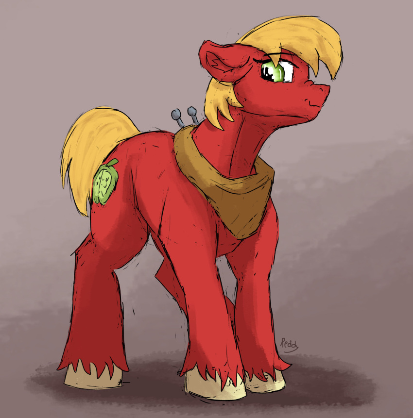 2023 absurd_res big_macintosh_(mlp) blonde_hair blonde_mane collar crossgender cutie_mark digital_media_(artwork) earth_pony equid equine female feral fetlocks friendship_is_magic fur green_eyes hair hasbro hi_res hooves horse inner_ear_fluff leg_tuft mammal mane mtf_crossgender my_little_pony pony red_body red_fur reddthebat smile solo tail tuft yellow_tail