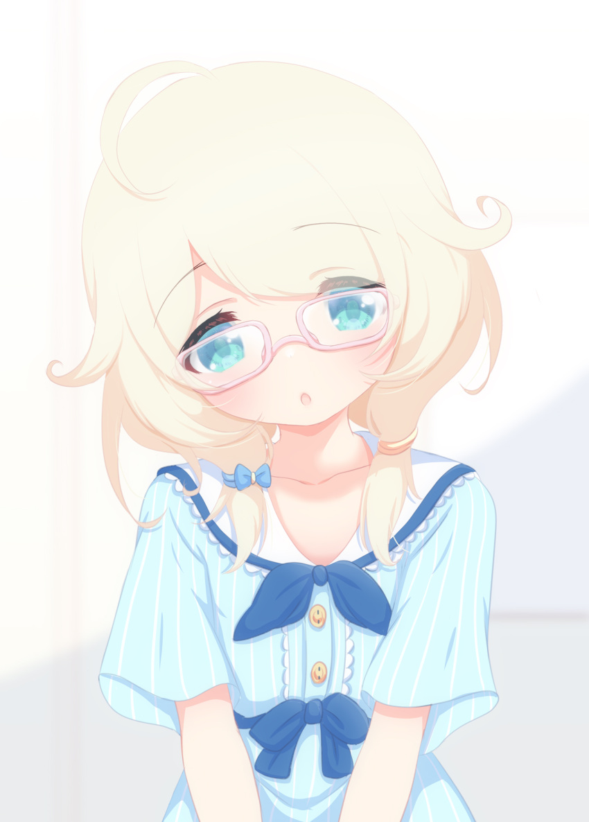 1girl :o ahoge blonde_hair blue_bow blue_dress blue_ribbon blush bow buttons child collarbone dress glasses glasses_day green_eyes highres hosizora_mikoto idolmaster idolmaster_cinderella_girls looking_at_viewer low_twintails medium_hair messy_hair pink-framed_eyewear ribbon sailor_collar short_sleeves solo striped striped_dress twintails vertical-striped_dress vertical_stripes white_background white_sailor_collar yusa_kozue