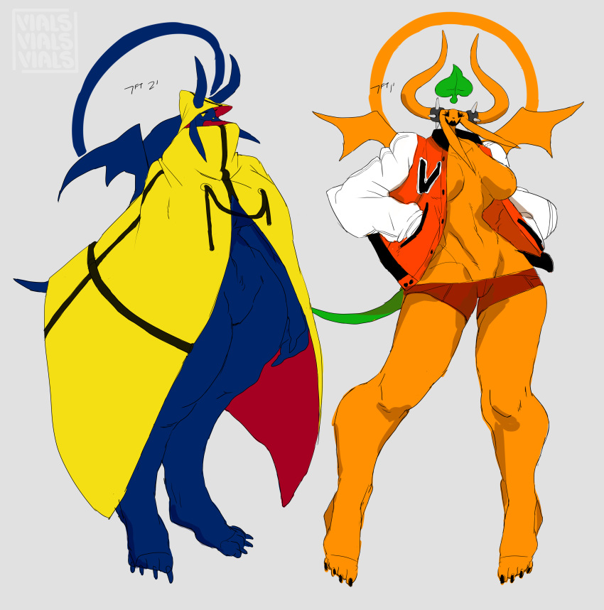 2021 absurd_res anthro bottomwear breasts clothing duo featureless_crotch female freebird11 hand_in_pocket hi_res horn jacket looking_at_viewer mammal membrane_(anatomy) membranous_wings orange_body pockets purple_body shorts smile tail topwear wings