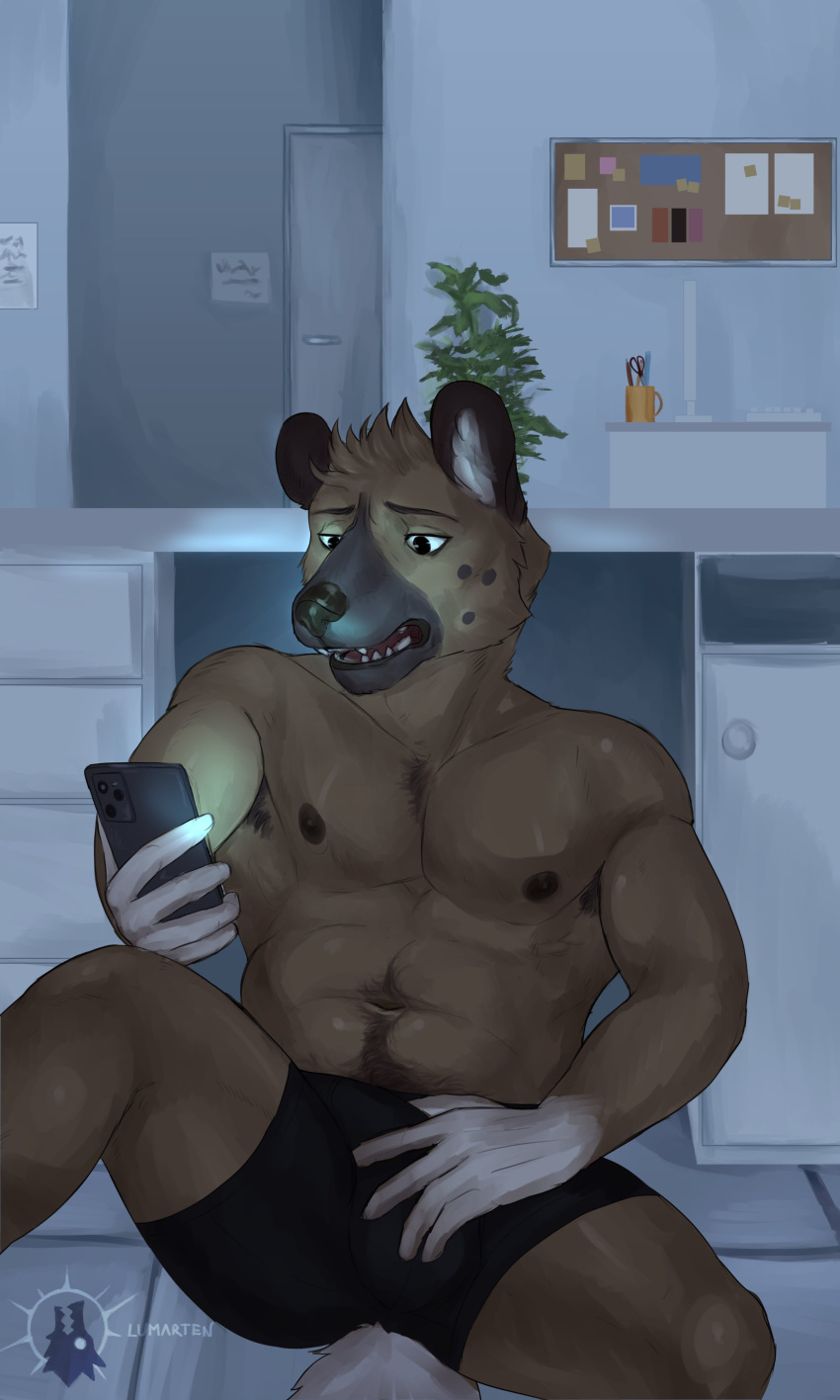 2023 absurd_res aggressive_retsuko anthro brown_body brown_fur bulge clothing comic detailed_bulge fur haida hi_res hyena lumarten male mammal pubes sanrio sitting solo spotted_hyena underwear