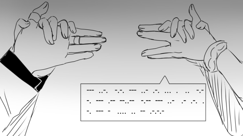 2boys ace_attorney apollo_justice bracelet dog_shadow_puppet greyscale hand_focus jewelry klavier_gavin layered_sleeves long_sleeves monochrome morse_code multiple_boys nantongdoushinantong ring shadow_puppet speech_bubble thumb_ring translated