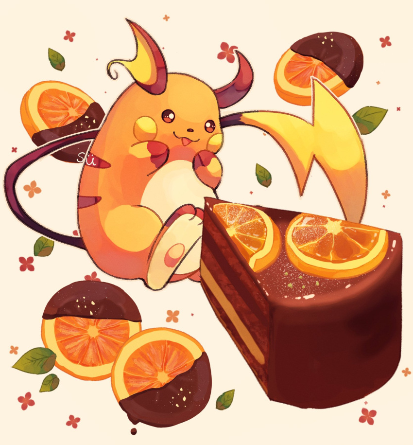 cake cake_slice chocolate chocolate_cake food fruit highres initial leaf no_humans open_mouth orange_(fruit) orange_slice pokemon pokemon_(creature) raichu solo su_(sajo_su5) watermark