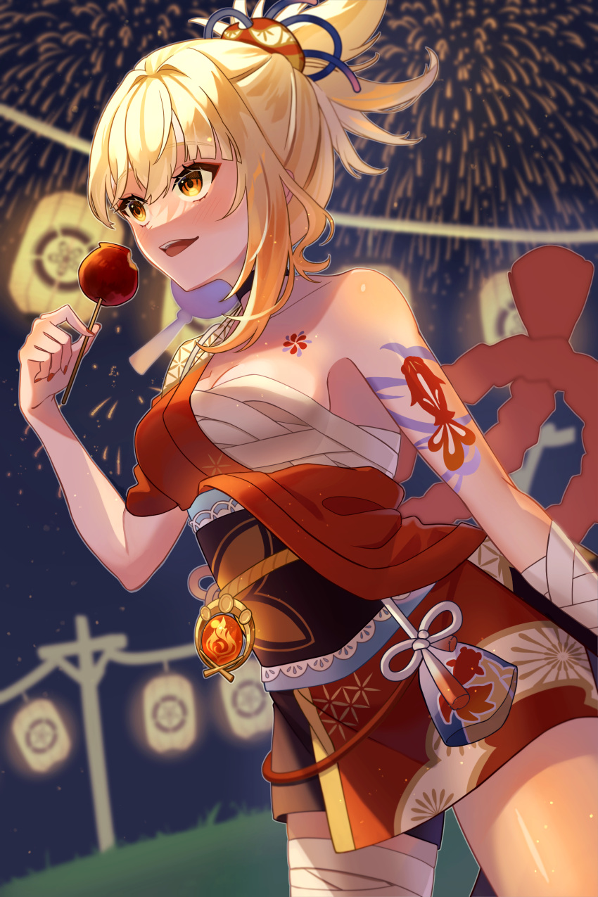 1girl :d absurdres aerial_fireworks bandaged_arm bandaged_leg bandages black_choker blonde_hair blurry blurry_background breasts brown_eyes candy_apple choker cleavage collarbone festival fireworks fish_tattoo food genshin_impact hair_between_eyes hair_ornament half_updo halkaze_siki highres japanese_clothes kimono long_hair medium_breasts nail_polish night obi open_mouth red_kimono red_nails sarashi sash smile solo tattoo yoimiya_(genshin_impact)