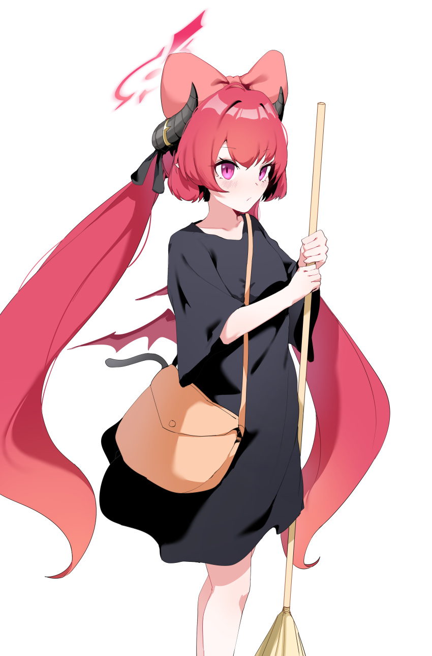 1girl absurdres alternate_costume bag black_dress black_horns blue_archive blush bow broom cat_tail closed_mouth cosplay demon_girl demon_horns demon_wings dress hair_between_eyes hair_bow hairband halo highres holding horns junko_(blue_archive) kiki_(majo_no_takkyuubin) kiki_(majo_no_takkyuubin)_(cosplay) long_hair looking_at_viewer low_wings pink_eyes plentyofempty red_bow red_hair red_wings simple_background solo standing tail twintails very_long_hair white_background wings