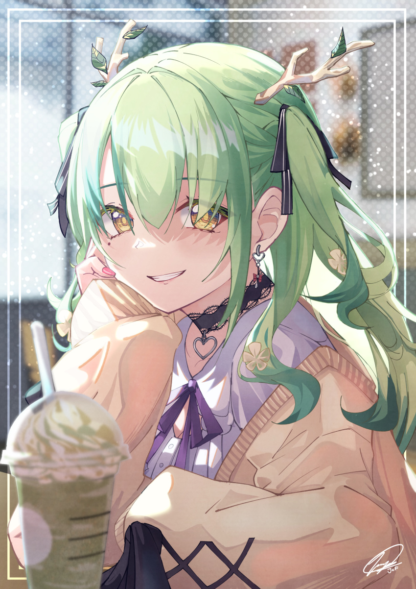 1girl antlers blouse cardigan casual ceres_fauna ceres_fauna_(3rd_costume) choker cup disposable_cup earrings flower frappuccino green_hair grin hair_between_eyes hair_flower hair_ornament hair_ribbon heart heart_choker highres hololive hololive_english jcf jewelry leaf long_hair looking_at_viewer mole mole_under_eye nail_polish pink_nails ribbon shirt smile solo two_side_up upper_body virtual_youtuber yellow_eyes